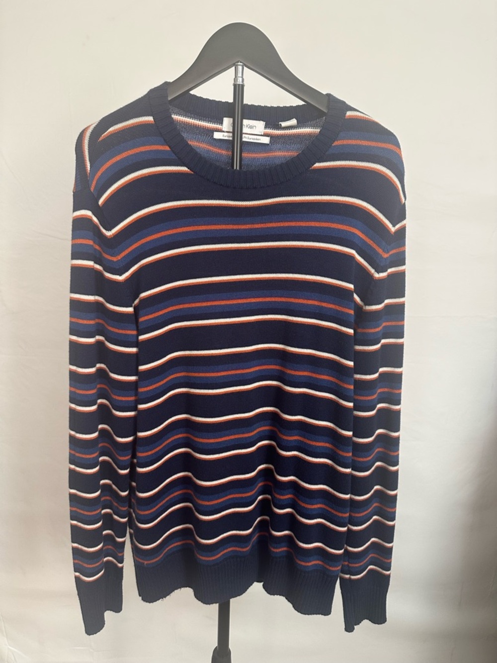Calvin Klein Men’s Navy Crewneck Sweater with Blue, White & Orange Stripes